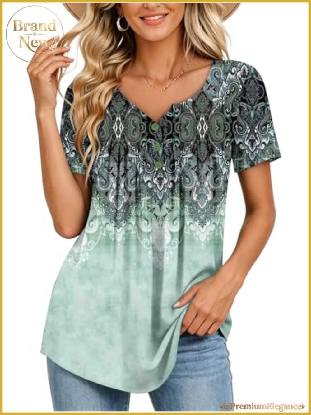 Women's Short Sleeve Henley V-Neck Blouse with Floral Print Pleated Hem